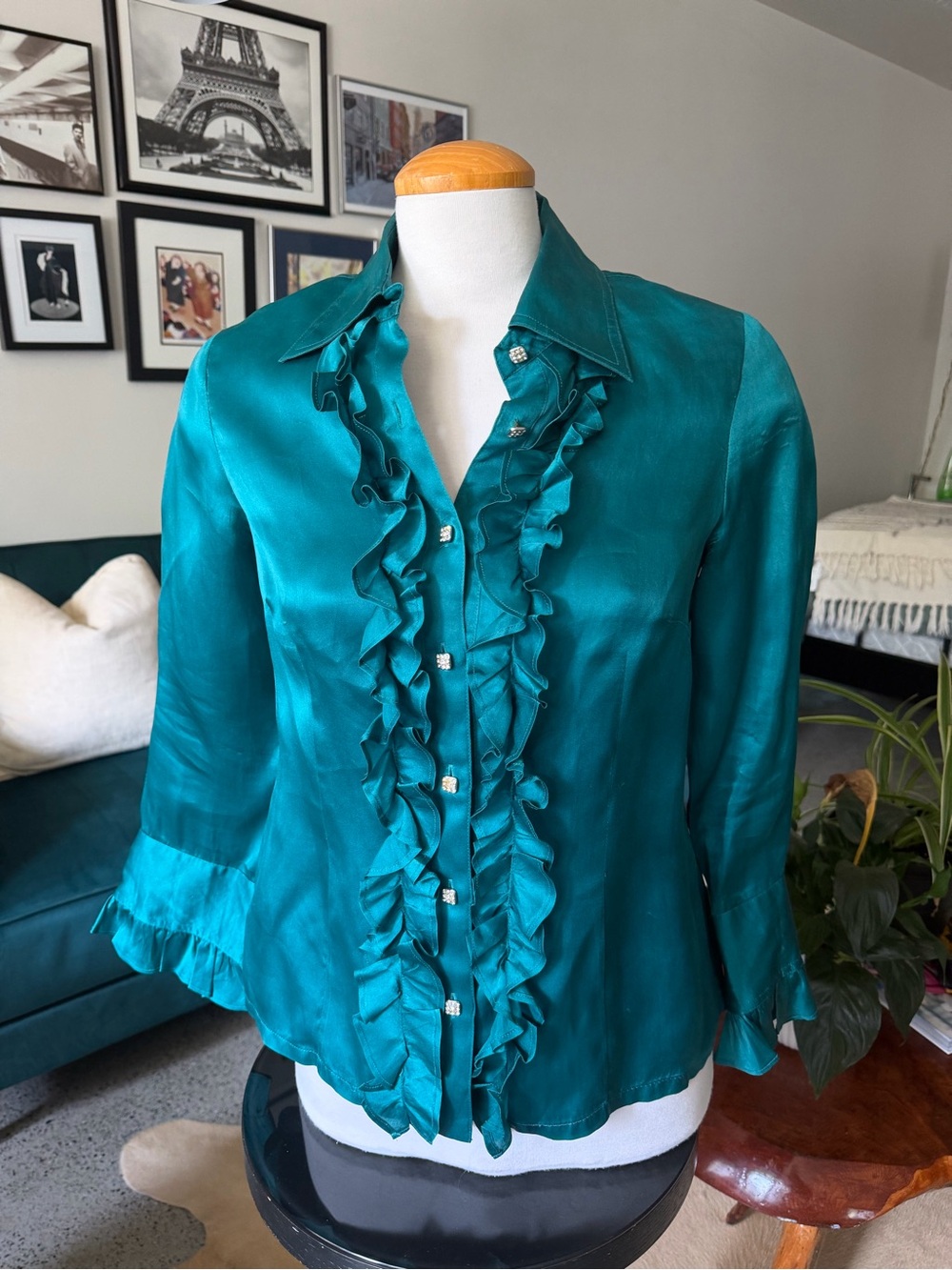 Teal Ruffled Silk Button-Front Women's Blouse